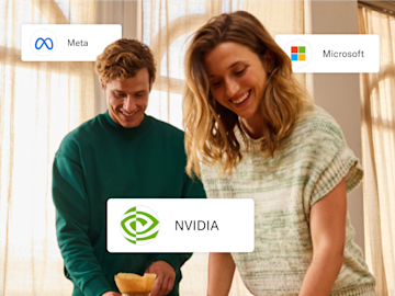Hombre y mujer con íconos de las acciones de Nvidia, Meta y Microsoft.
