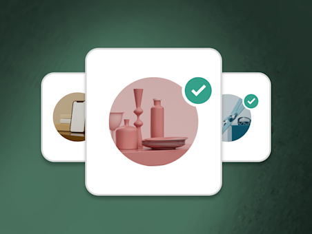 A selection of cards with images, highlighting a card featuring pink tableware and a green checkmark.