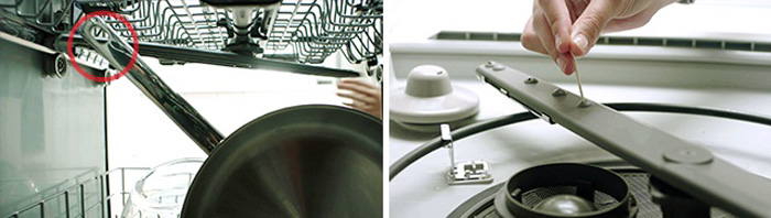 Checking dishwasher spray arms for obstructions