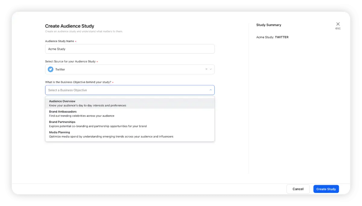 Sprinklr's Twitter Audience Study report creation
