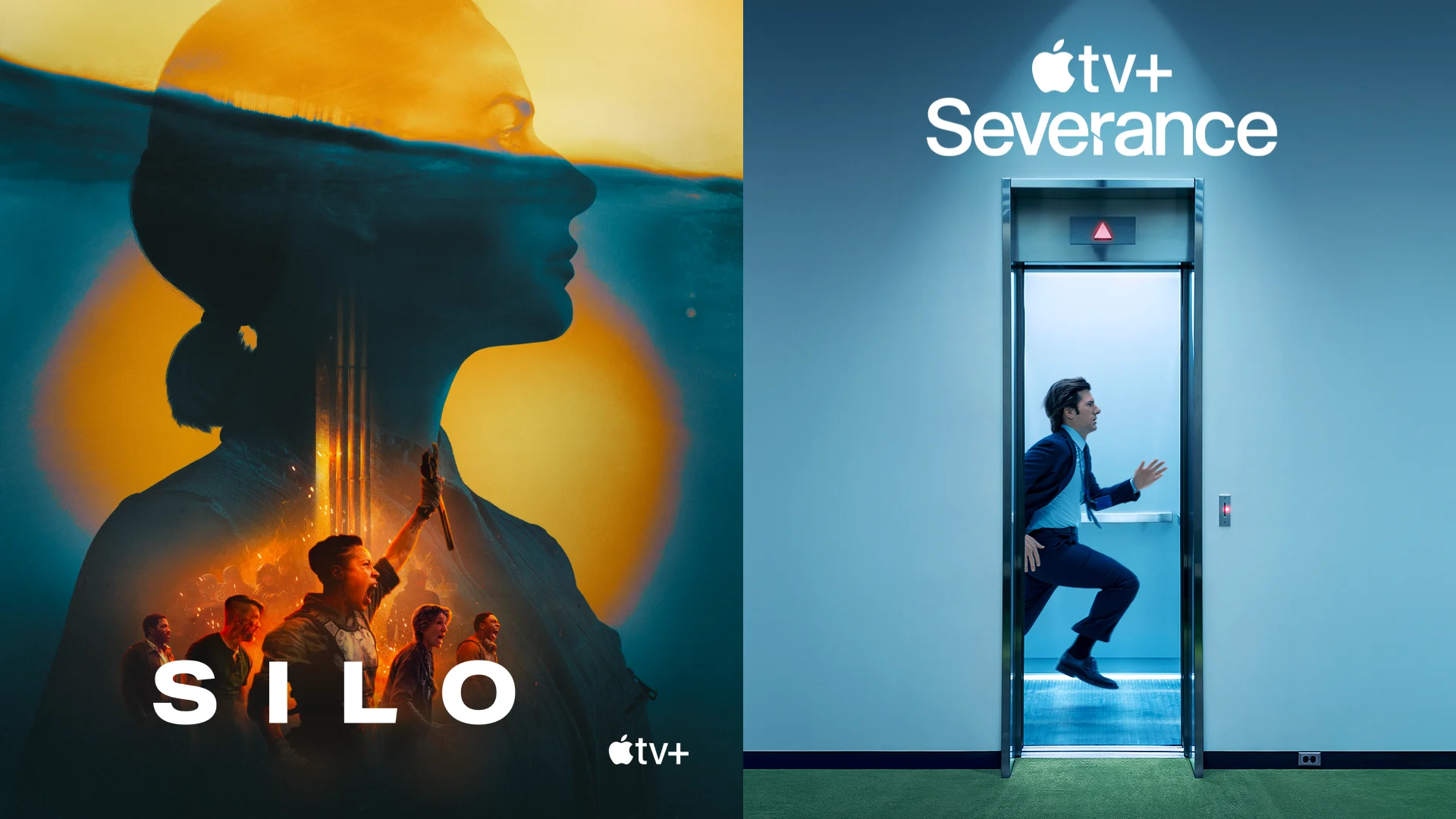 Affischer för Apple TV+ serierna Silo och Severance. Silo visar en kvinnas silhuett med en scen av uppror. Severance visar en man som springer genom en hissdörr.
