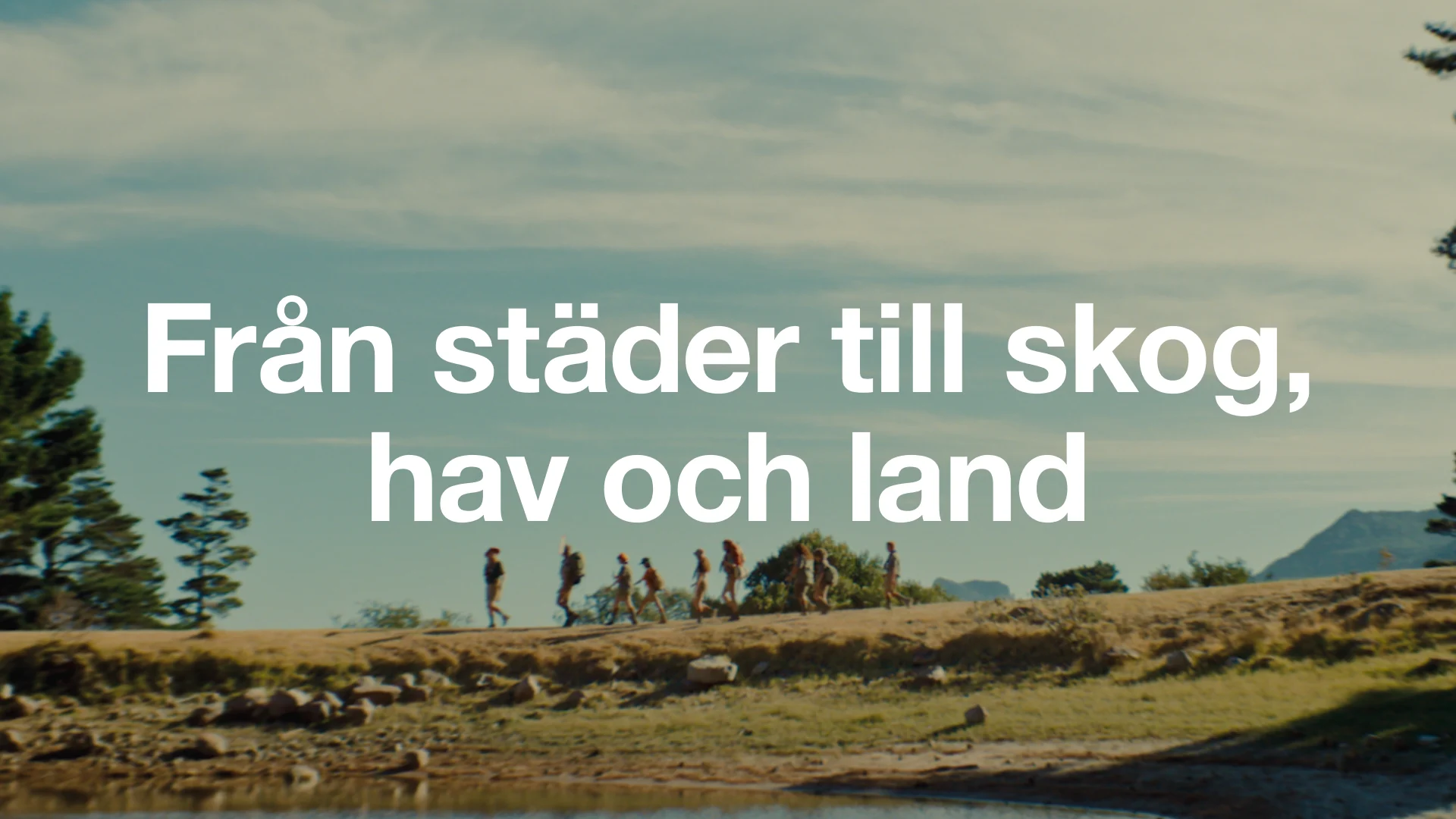 En grupp scouter går på en öppen äng och marscherar. Det är blå himmel och gröna träd.