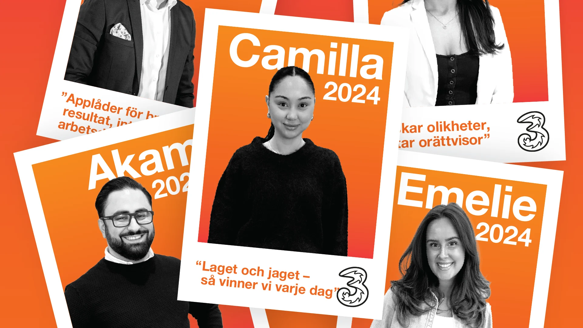 Fem stycken bilder på olika personer med deras namn och ett tillhörande citat. Personerna är svartvita med en orange bakgrund och ligger som i en hög.