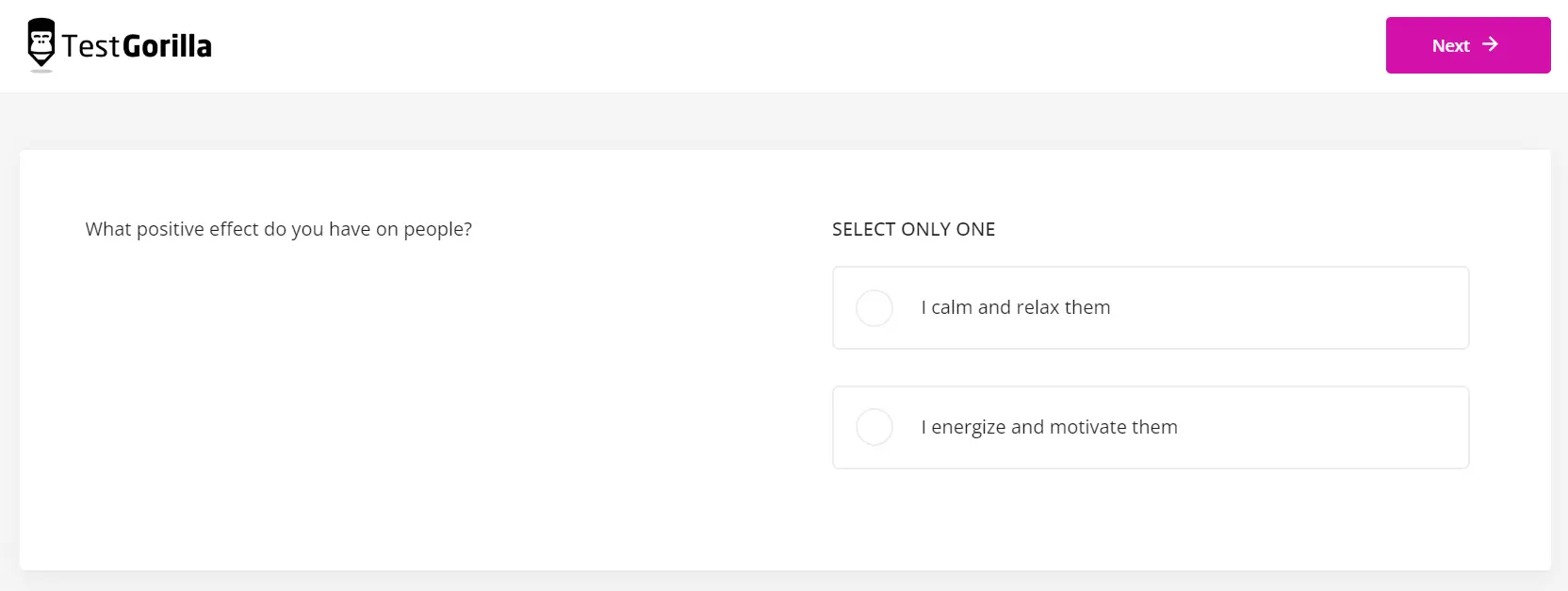 An example question from TestGorilla's 16 Personalities test