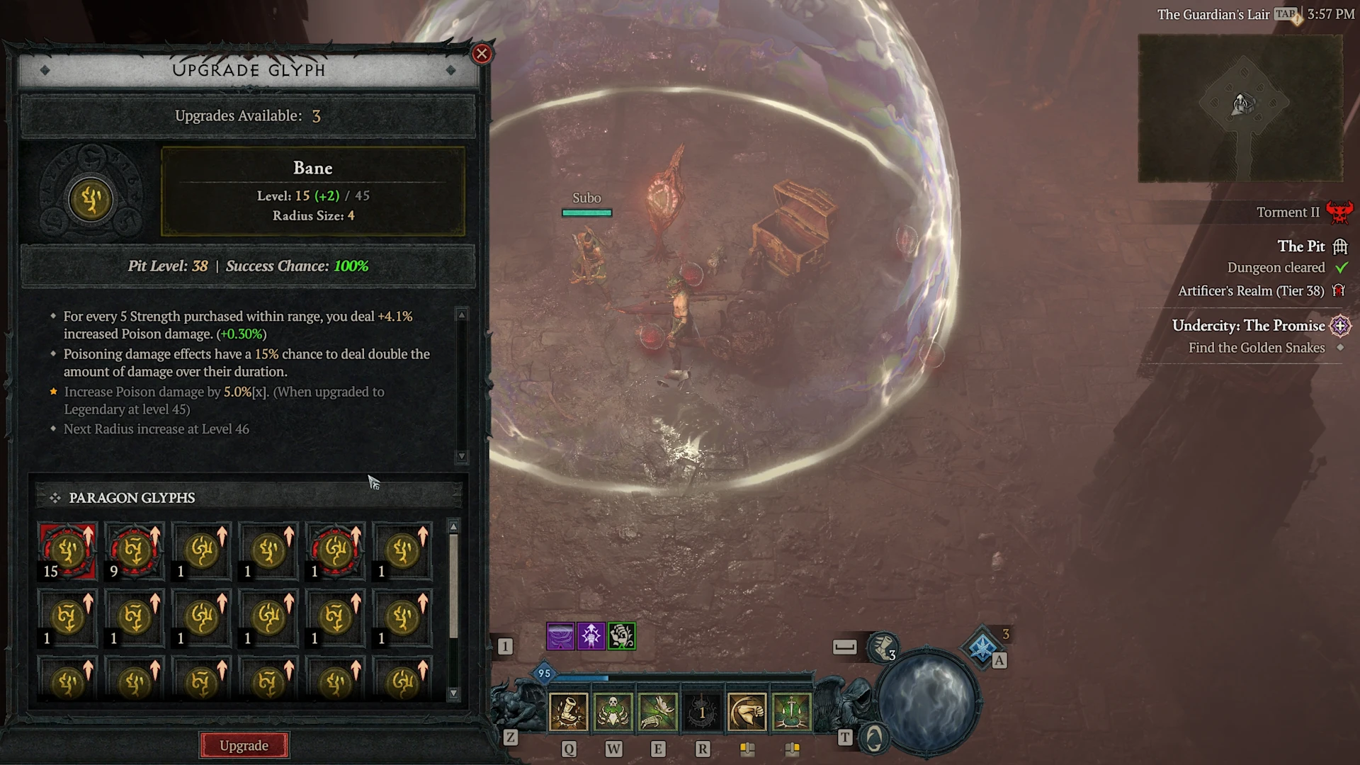 Diablo four in game action screenshot, explaining how to level up Paragon Glyphs.