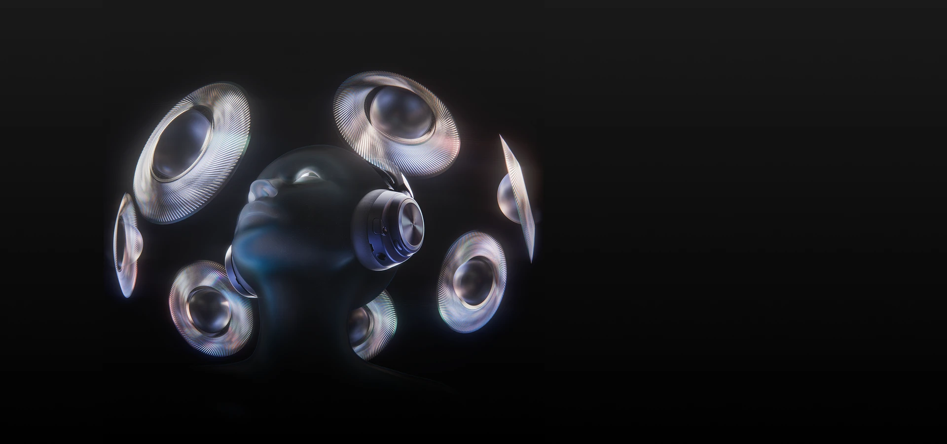 Mannequin with Arctis Nova Pro Wireless headphones surrounded by floating speakers.