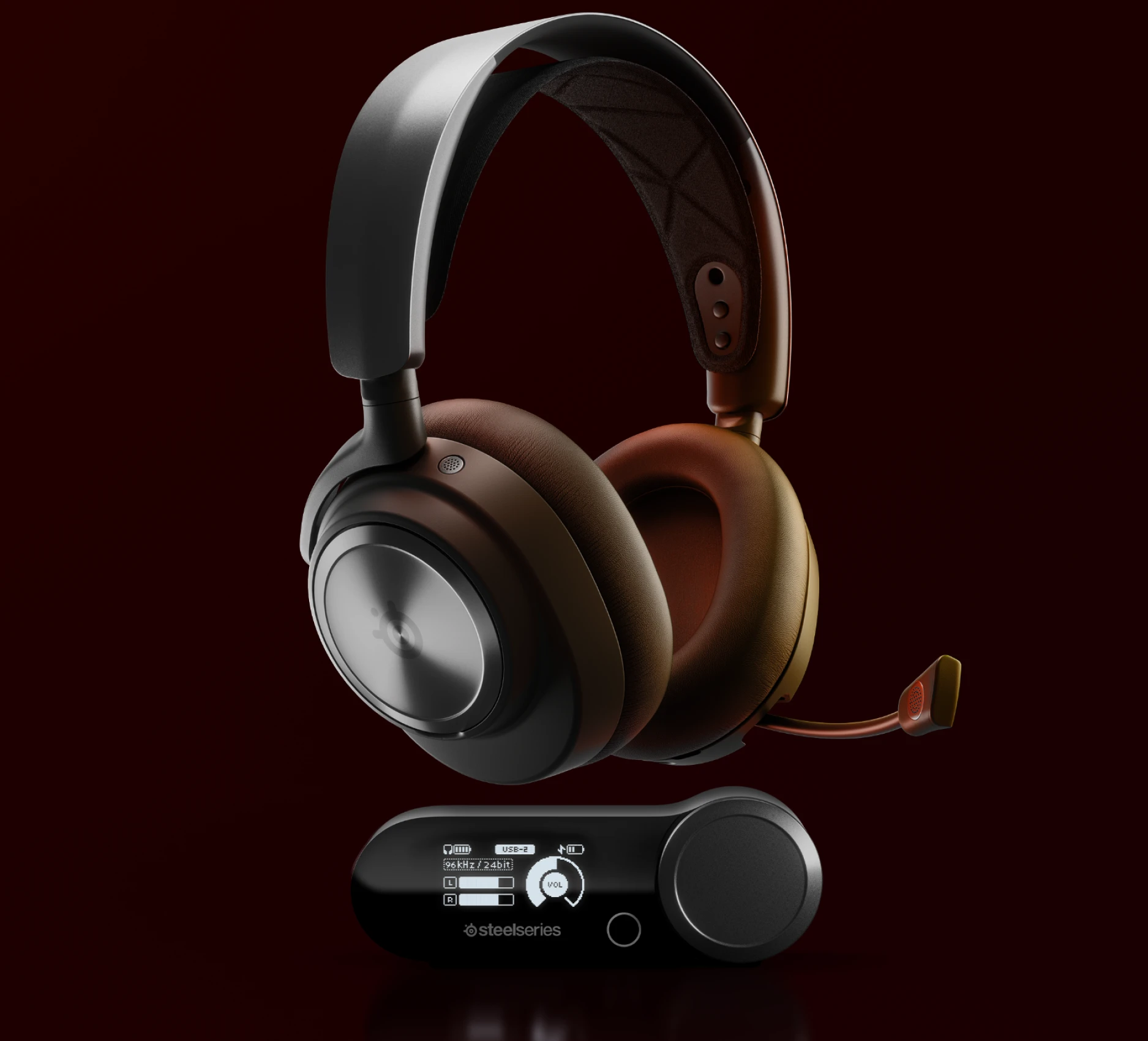 A pair of black arctis nova pro wireless headset on a red/black background.
