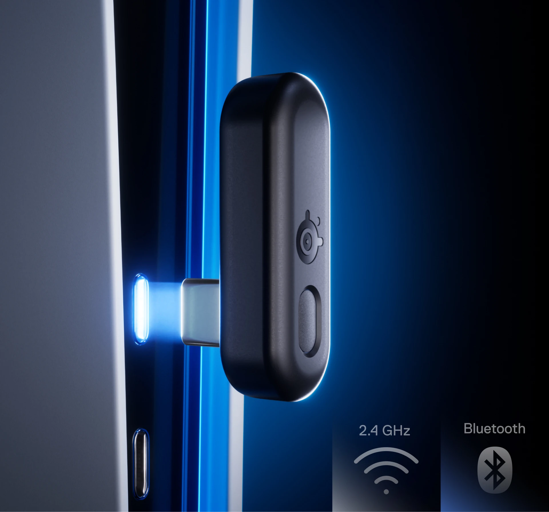 The Arctis Gamebuds dongle slowly reaches the USB-C port; the space between them lights up blue.