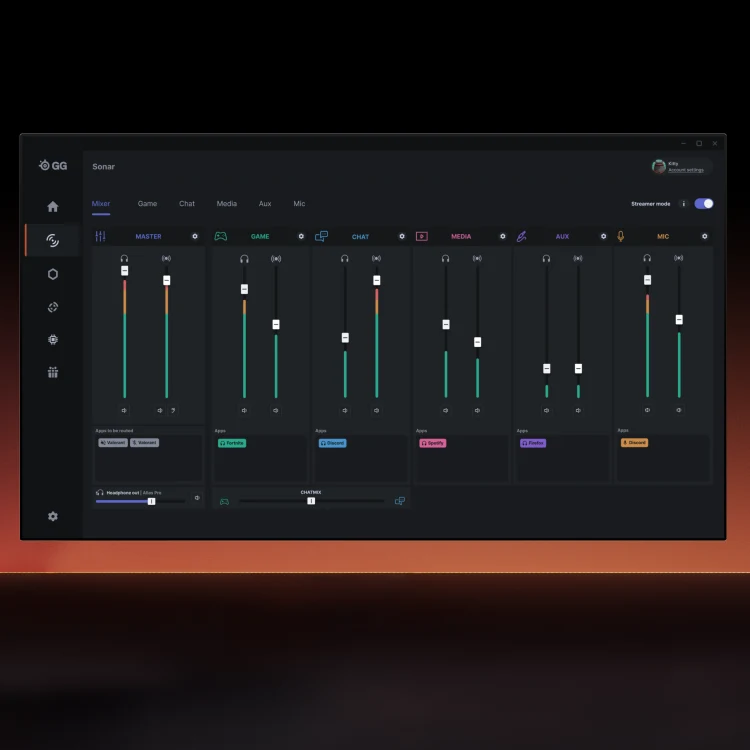 View of the Sonar for streamers software on a black and orange background. 
