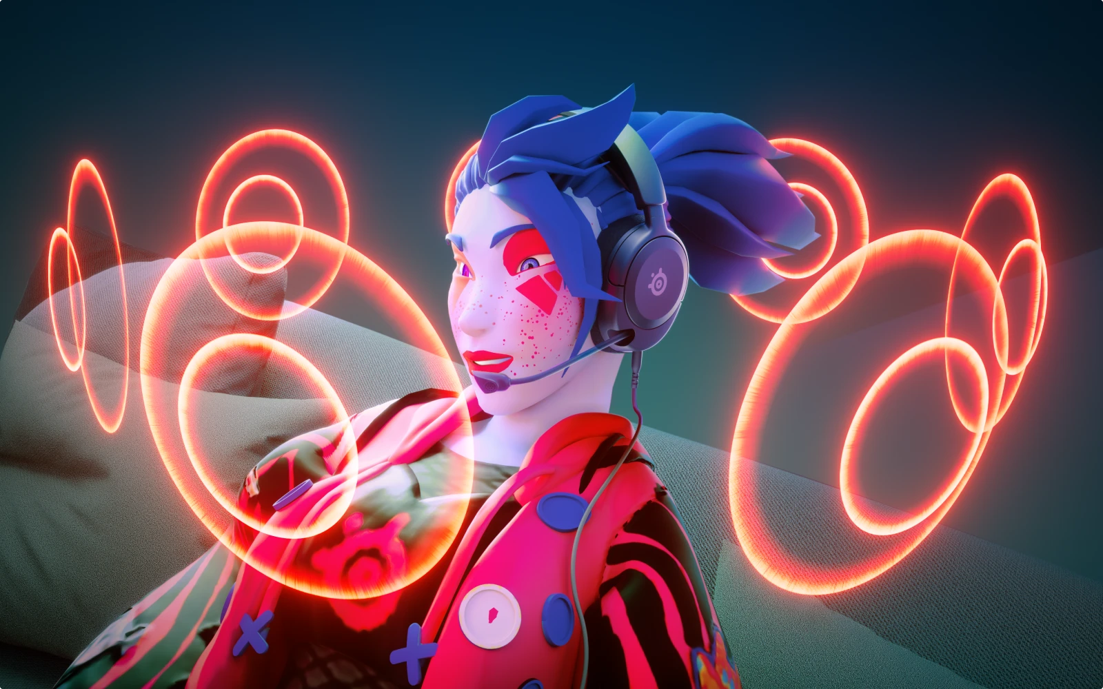 Personaje de ficción con auriculares Arctis Nova 1 rodeado de ondas sonoras
