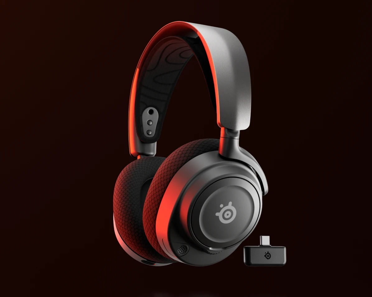Black Arctis Nova 7 headset on a red-black background.