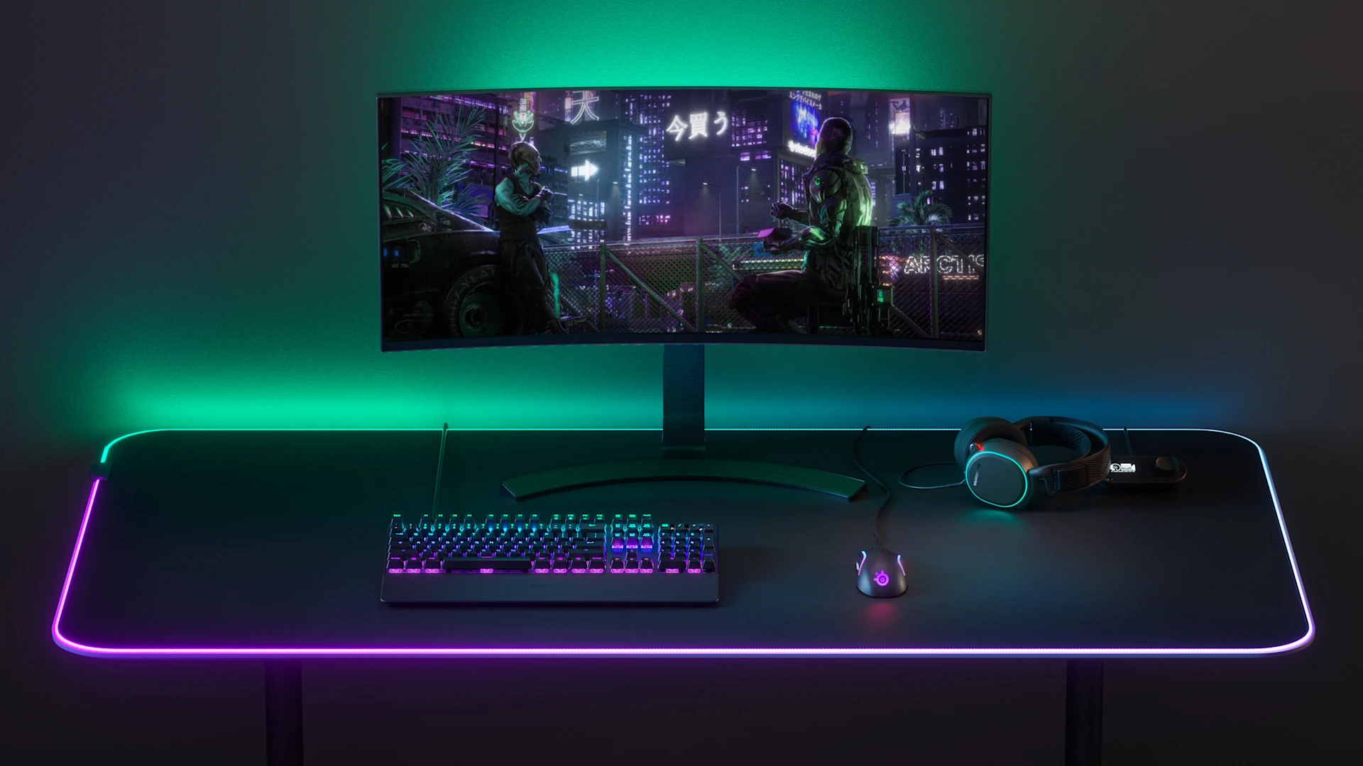 Une configuration de bureau complète, avec un clavier Apex Pro, une souris sans fil Rival 5 et un casque Arctis Pro.