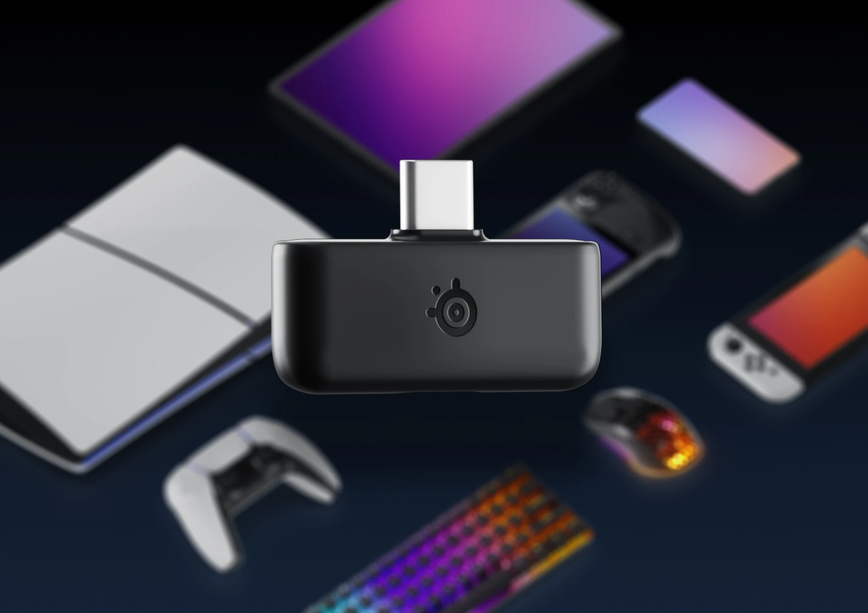 Dongle for the Arctis Nova 5 on a background of different devices to which it is applicable.