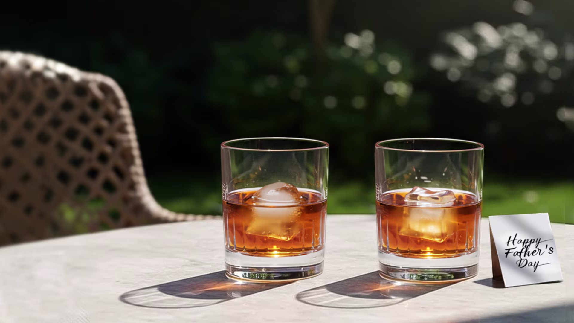 Dos vasos de whisky con hielo descansan sobre una mesa al aire libre iluminada por el sol. Una pequeña nota sobre la mesa dice "Feliz Día del Padre". Al fondo se ven una silla tejida y una vegetación borrosa.