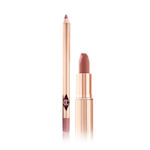 An open lip liner pencil in a muted pink colour with an open matte lipstick in a medium-pink shade.
