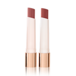 Two, open, moisturising lipstick lip balms in nude pink and peachy rose shades. 