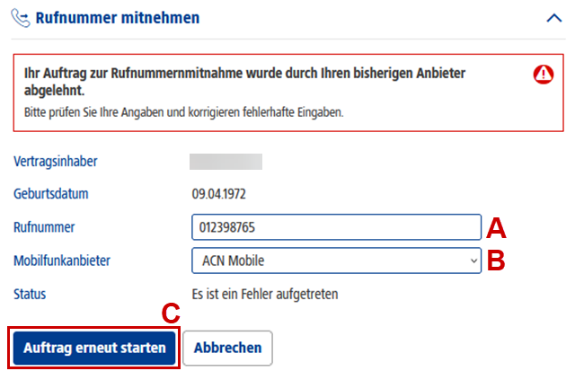Auftrag erneut starten, Rufnummer & Mobilfunkanbieter mit rotem Icon hervorgehoben