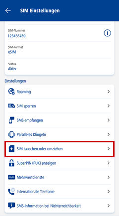 SIM Einstellungen mit Rahmen um SIM tauschen oder umziehen.
