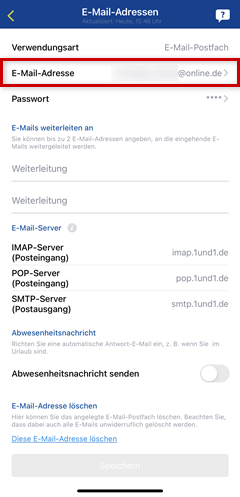 Menü zum Bearbeiten einer E-Mail-Adresse, Adresse hervorgehoben