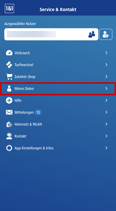 Hauptmenü der 1&1 Control-Center-App, Kundendaten hervorgehoben