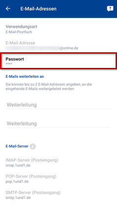 Menü zum Bearbeiten einer E-Mail-Adresse, Passwort hervorgehoben