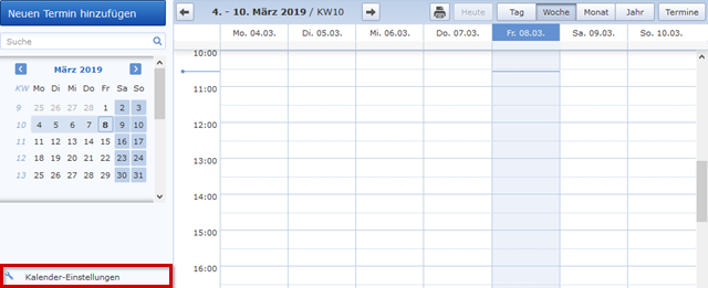 Kalender-Einstellungen ist hervorgehoben 