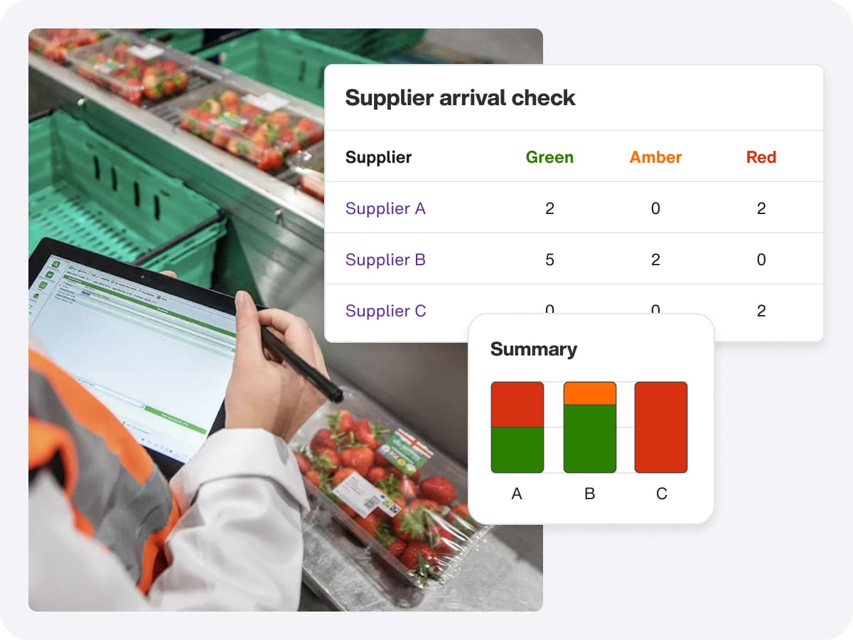 A person checking product status on a tablet, using food safety and quality management software.