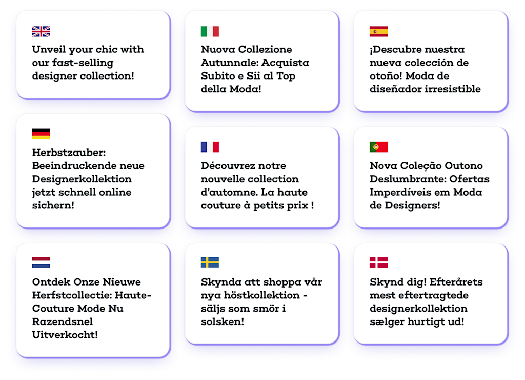 Muestra de las opciones de idioma del Generador con IA de Mailjet