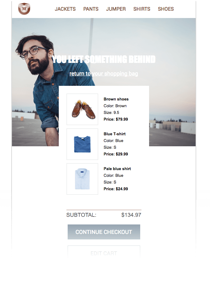 Abaondoned cart email with full cart contents.