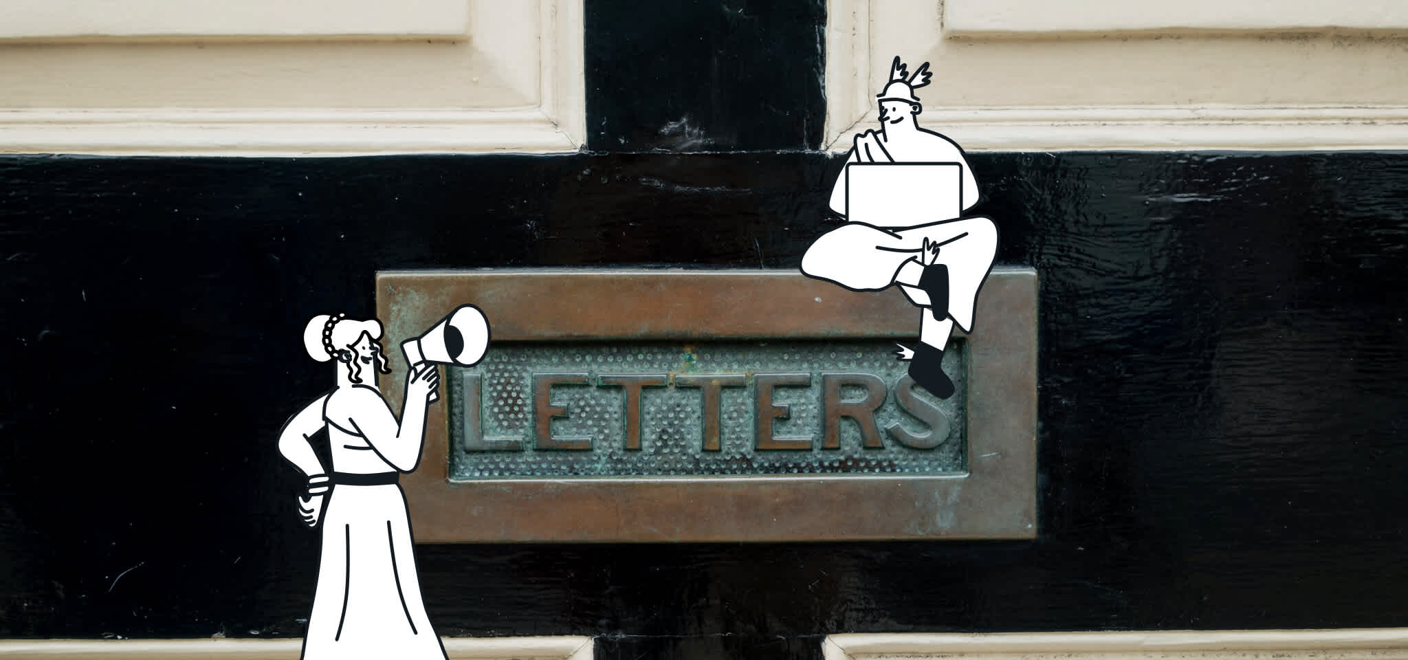 Hermès assis sur des lettres, Héra parlant dans un mégaphone.