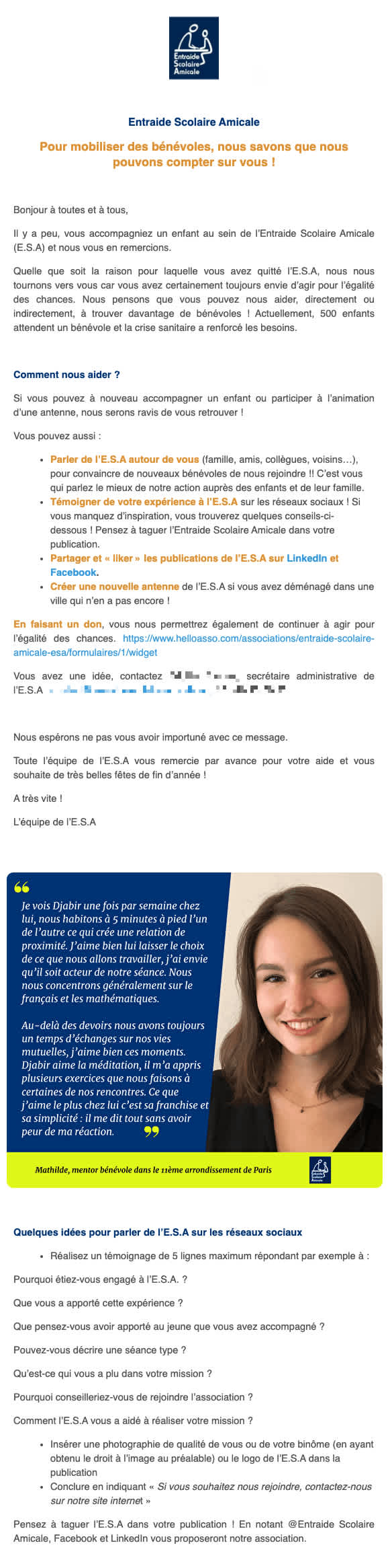 Capture d’écran d’une newsletter envoyée par l’Entraide Scolaire Amicale
