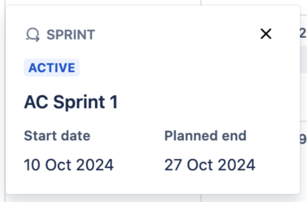 Jira Premium のプラン機能のカレンダー ビューにあるスプリント情報ウィンドウ