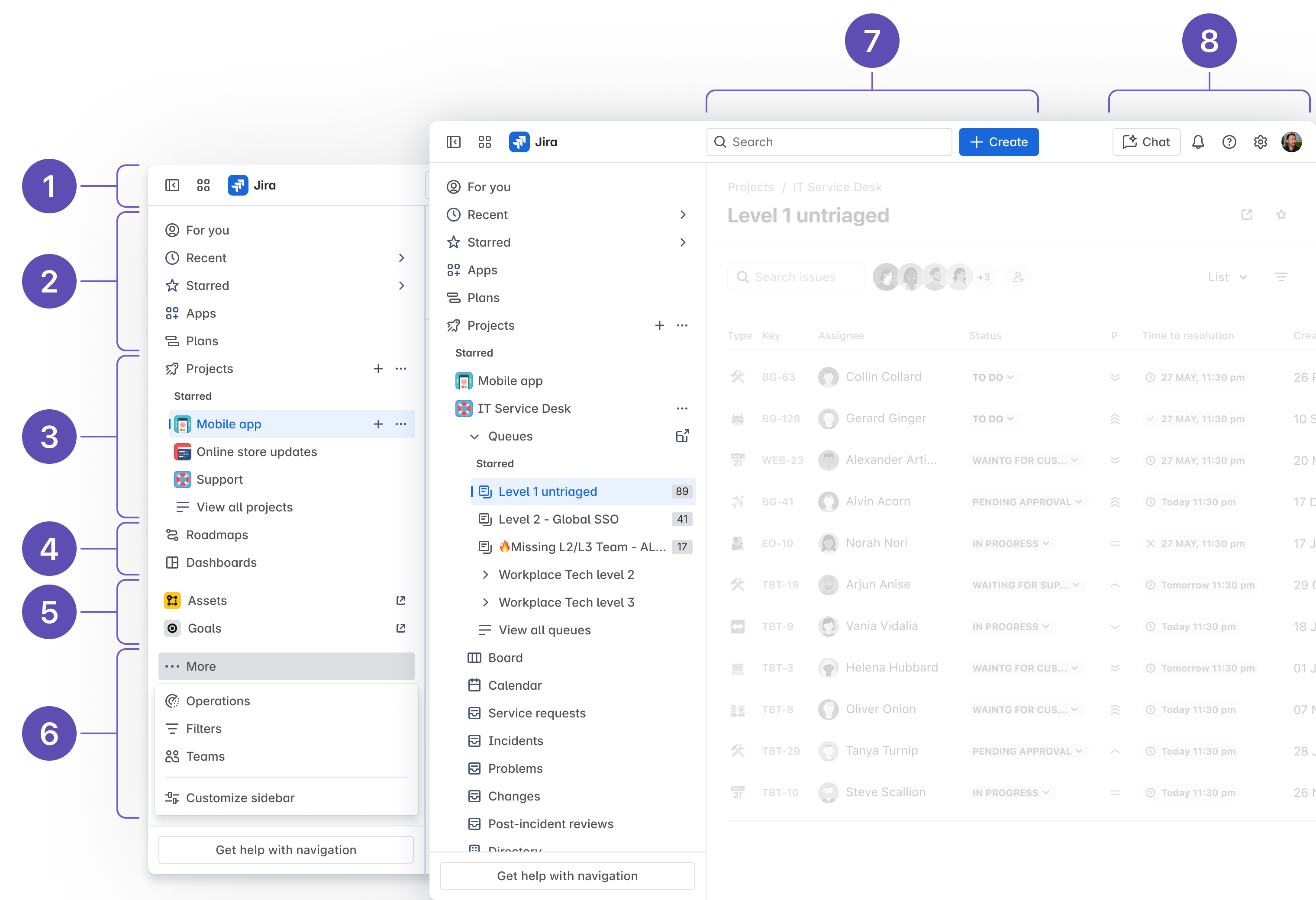 Annotated screenshot of the new navigation in Jira Service Management