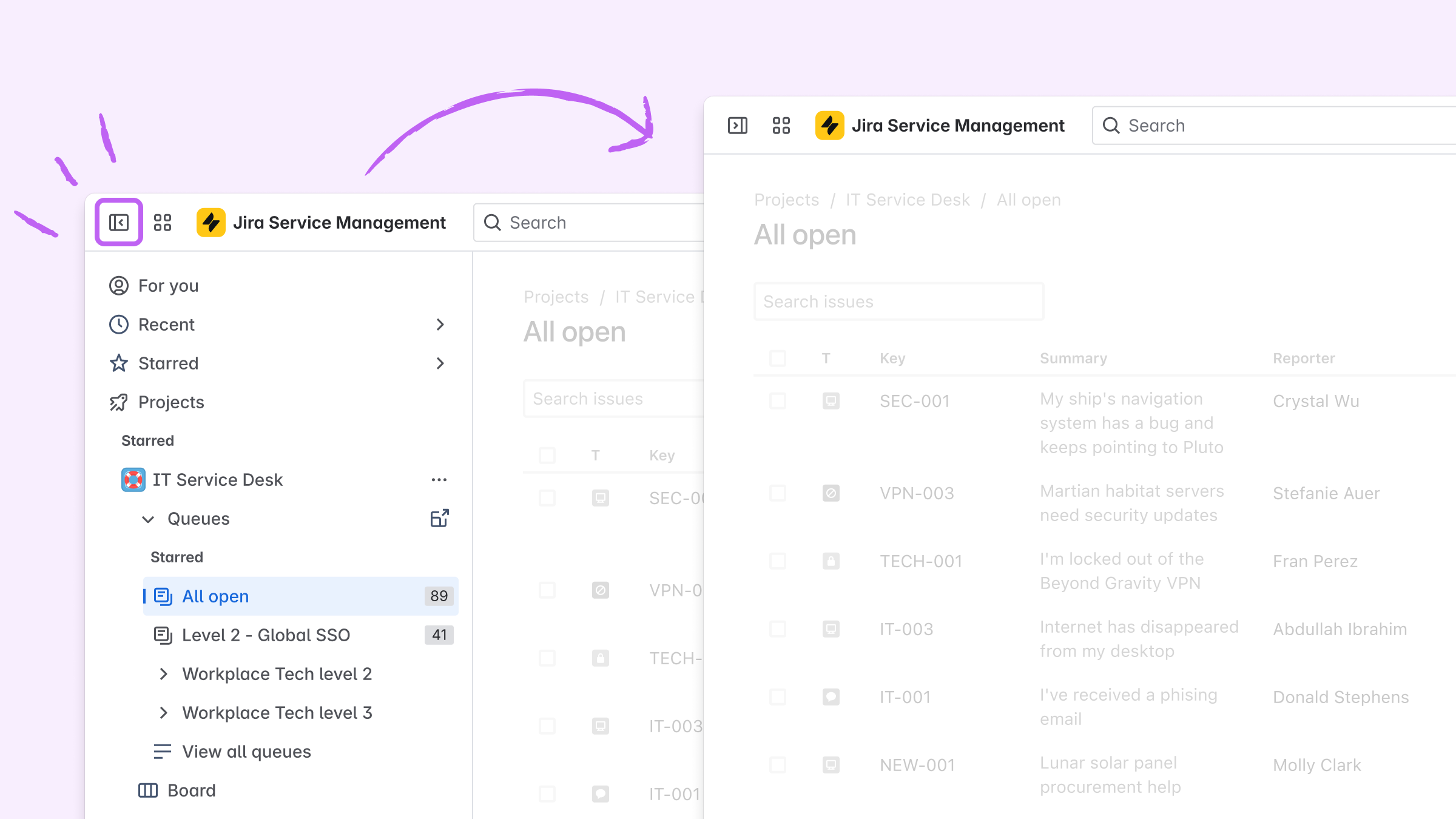 Screenshot of collapsing the sidebar in the new navigation in Jira Service Management