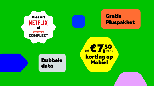 Illustratie van KPN Combivoordeel met tekstbubbels die de voordelen 'Kiet uit Netflix of ESPN', 'Gratis Pluspakket', 'Dubbele data' en 'Tot 7,50 euro per maand korting op mobiel' weergeven